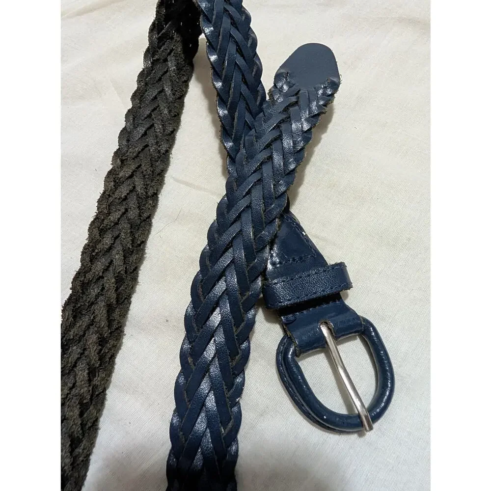 Vintage Navy Blue Braided Woven Leather Belt Size Small